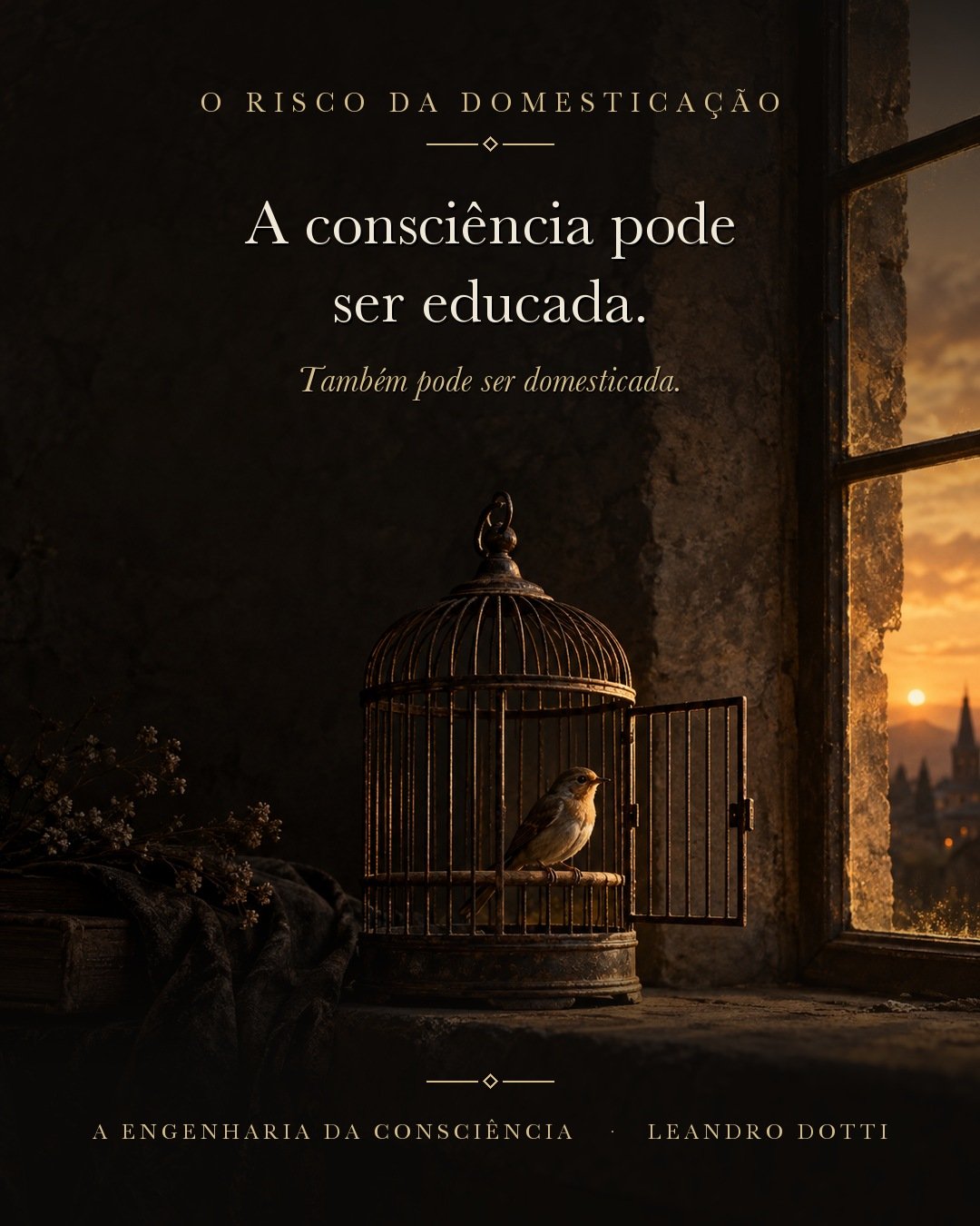 Gaiola antiga de metal escuro com a porta aberta sobre o parapeito de pedra de uma janela ao entardecer, com um pequeno pássaro parado lá dentro.