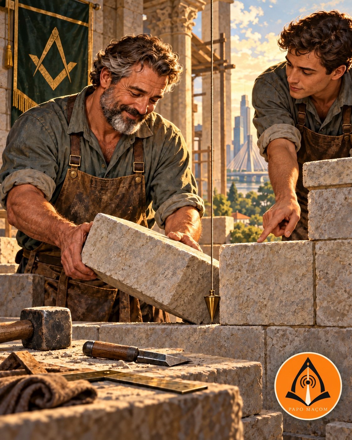Cena ilustrativa: um construtor aceita a observação de um colega e corrige uma pedra com auxílio do prumo. Logo oficial do Papo Maçom.
