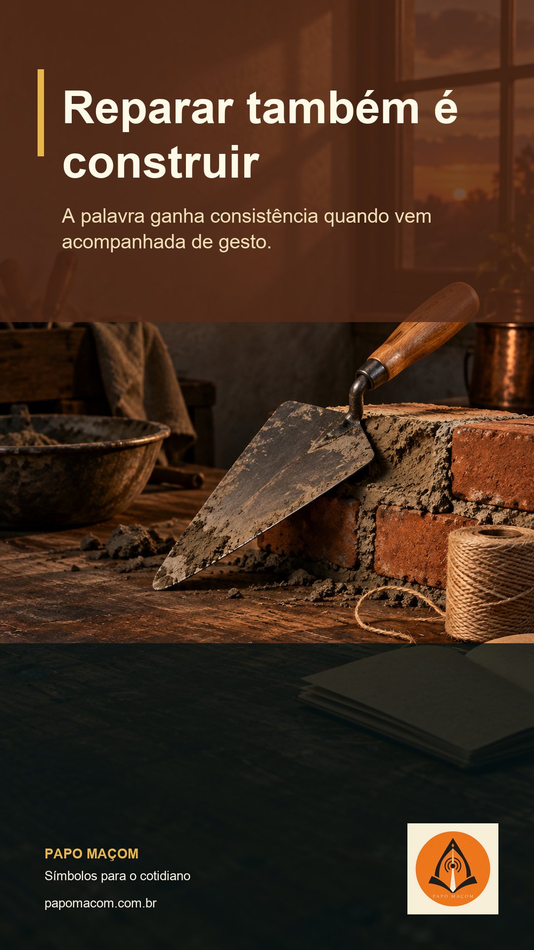 Trolha de cabo de madeira sobre alvenaria recém-assentada ao entardecer, com o título Reparar também é construir e o logotipo oficial do Papo Maçom.
