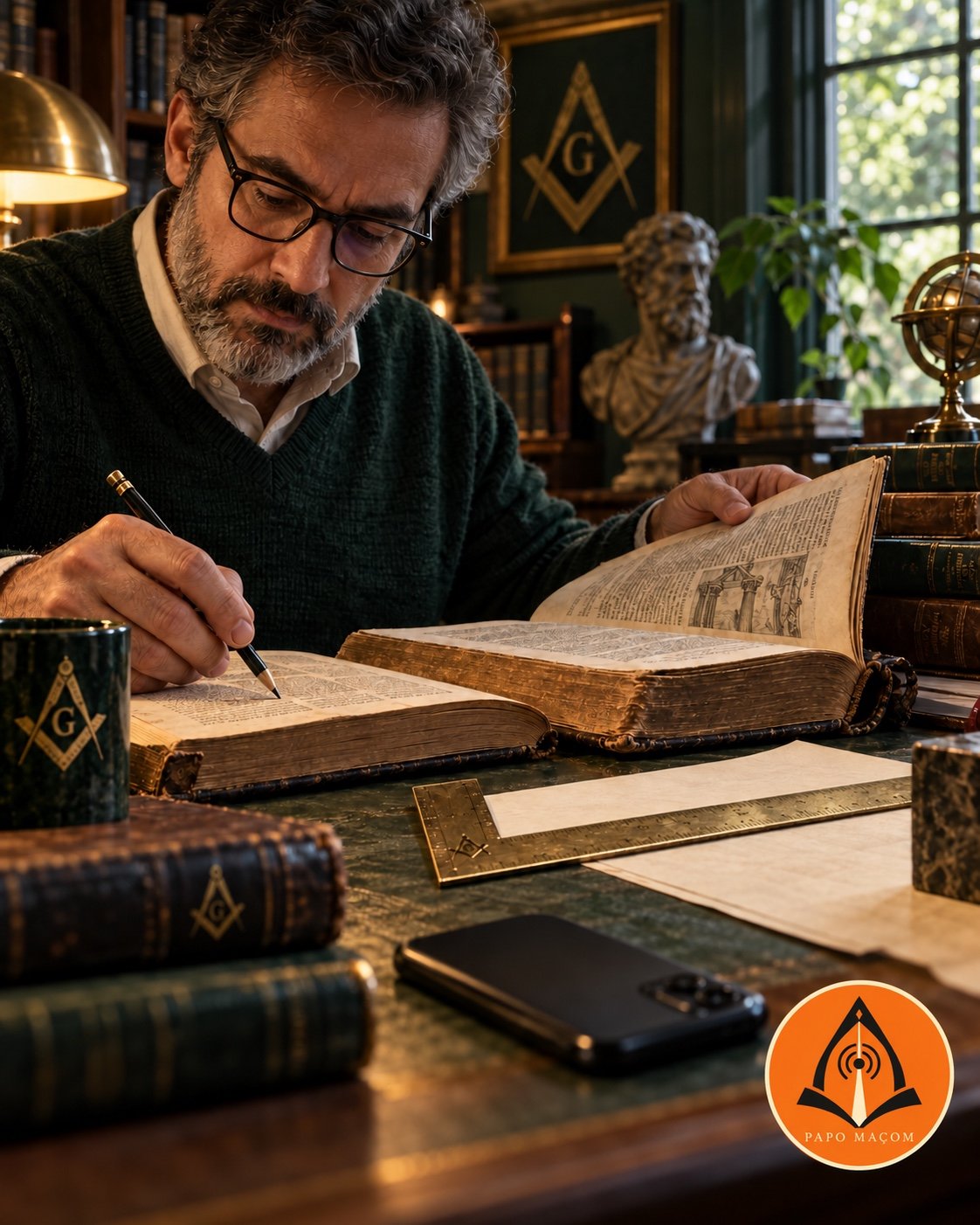 Cena ilustrativa: um leitor compara livros antes de compartilhar uma informação; o esquadro representa o cuidado com a precisão. Logo oficial do Papo Maçom.