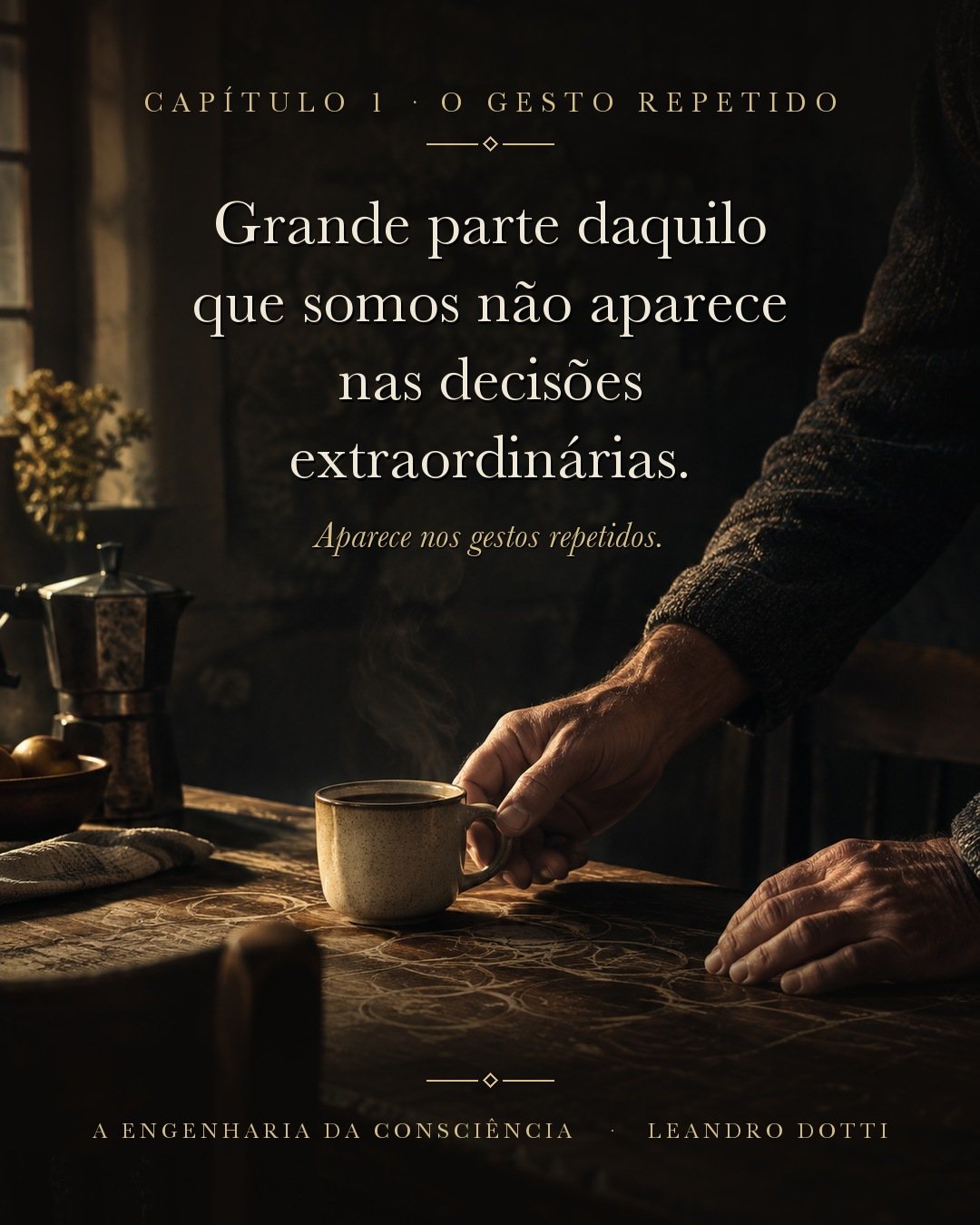 Mãos de um homem pousando uma xícara de café sobre uma mesa de madeira antiga marcada por dezenas de círculos gastos no mesmo lugar, sob luz dourada de janela.