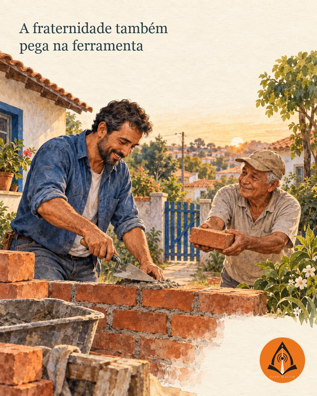 Aquarela em tons terracota, azul e marfim: dois vizinhos reparam um muro de jardim. Um espalha argamassa com uma colher de pedreiro, enquanto o outro oferece um tijolo. Logo oficial do Papo Maçom.