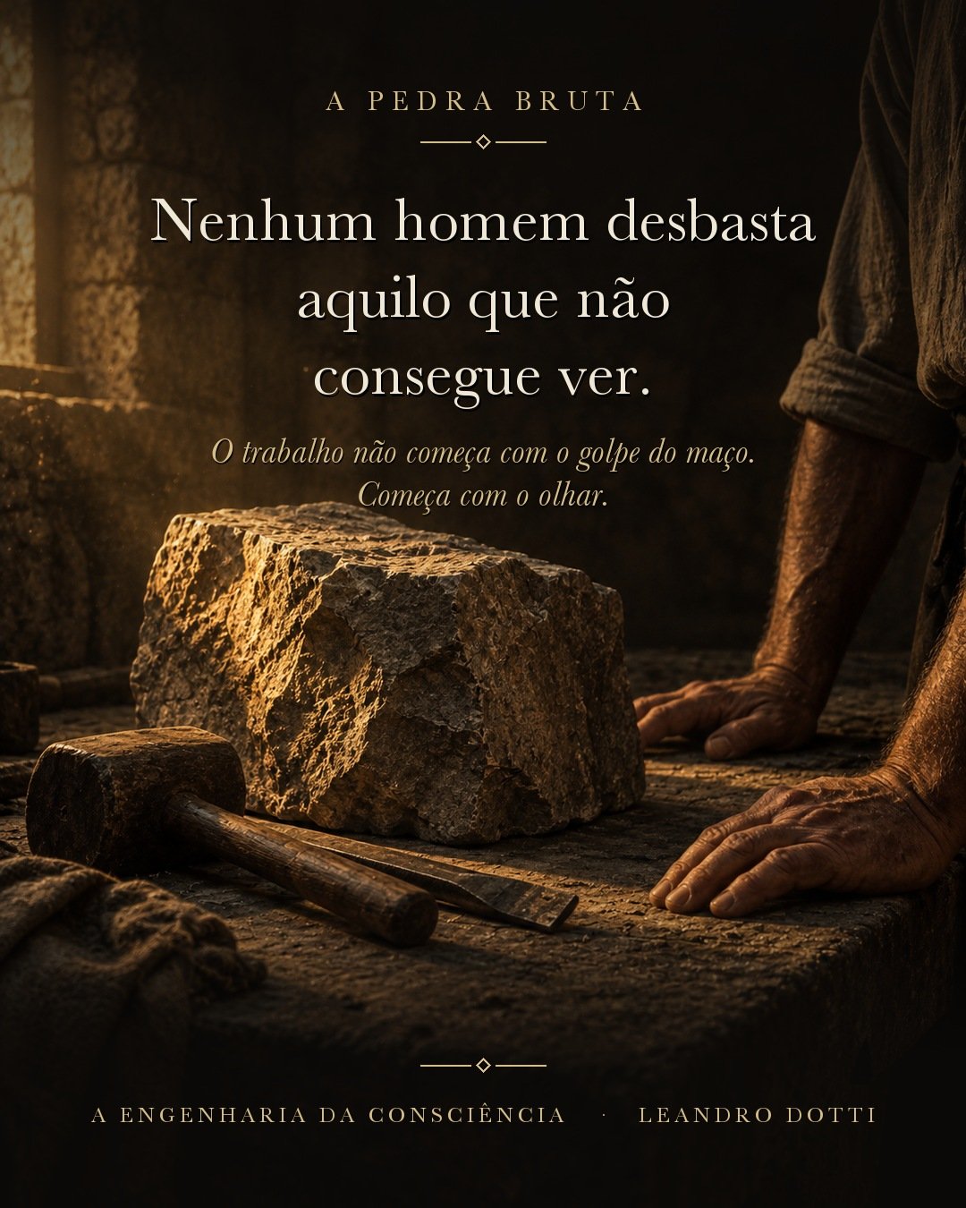 Bancada antiga com um bloco de pedra bruta iluminado por luz rasante dourada; maço e cinzel parados ao lado e mãos de um homem apoiadas, sem golpear.