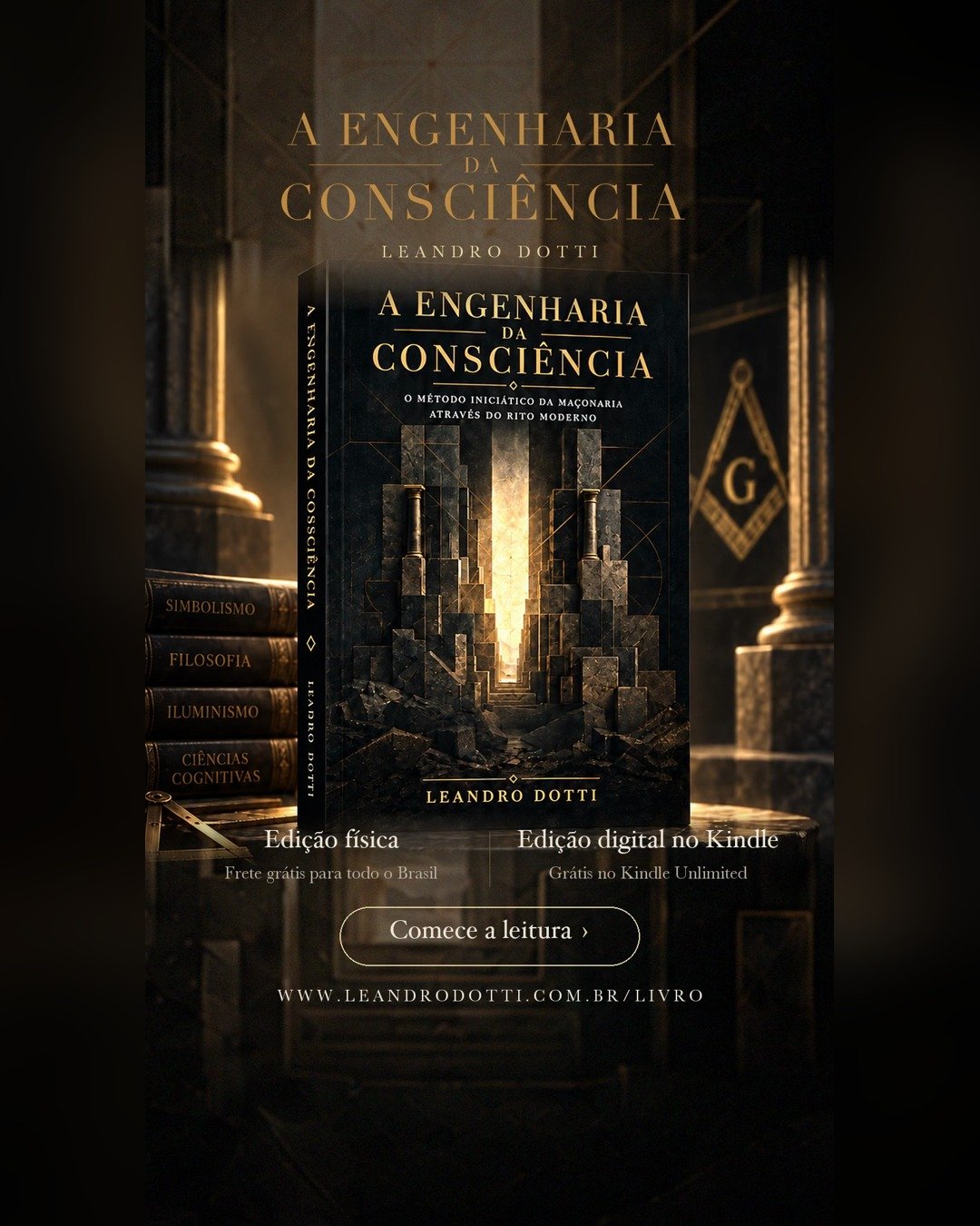 Quadro final do vídeo A Passagem: capa do livro A Engenharia da Consciência sobre fundo de pedra escura, com chamada Comece a leitura.