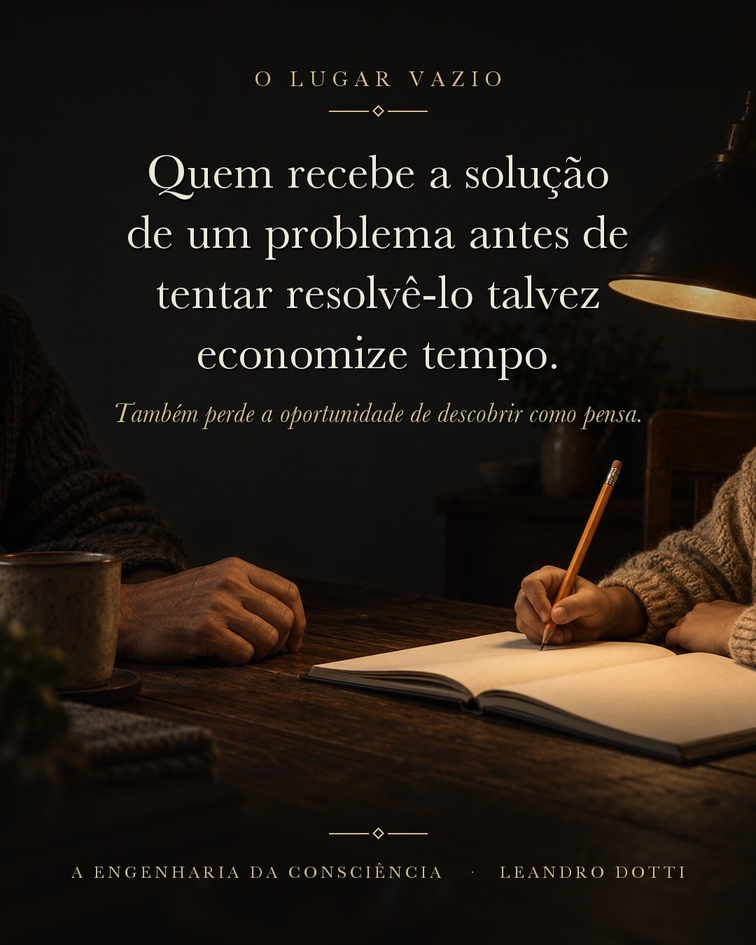 Mesa de cozinha à noite: a mão de um adulto recolhida ao lado do caderno escolar de uma criança, que segura o lápis sob a luz quente de uma luminária.