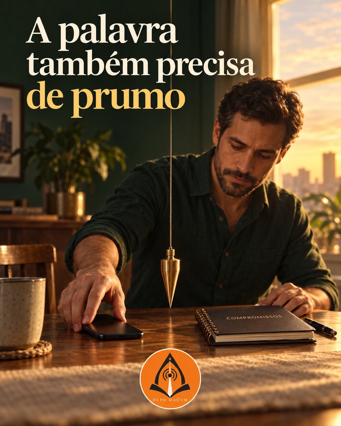 Ilustração de um homem junto à agenda de compromissos e ao telefone, com prumo vertical em primeiro plano e logo oficial do Papo Maçom.
