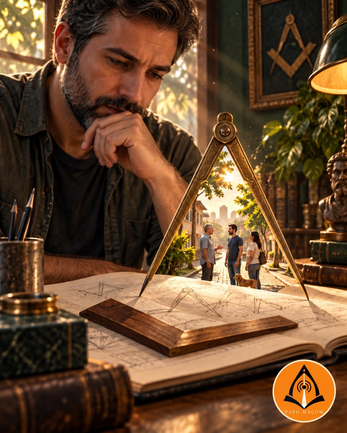 Cena ilustrativa: um homem observa um compasso e um esquadro; entre as hastes, pessoas conversam. Logo oficial do Papo Maçom.