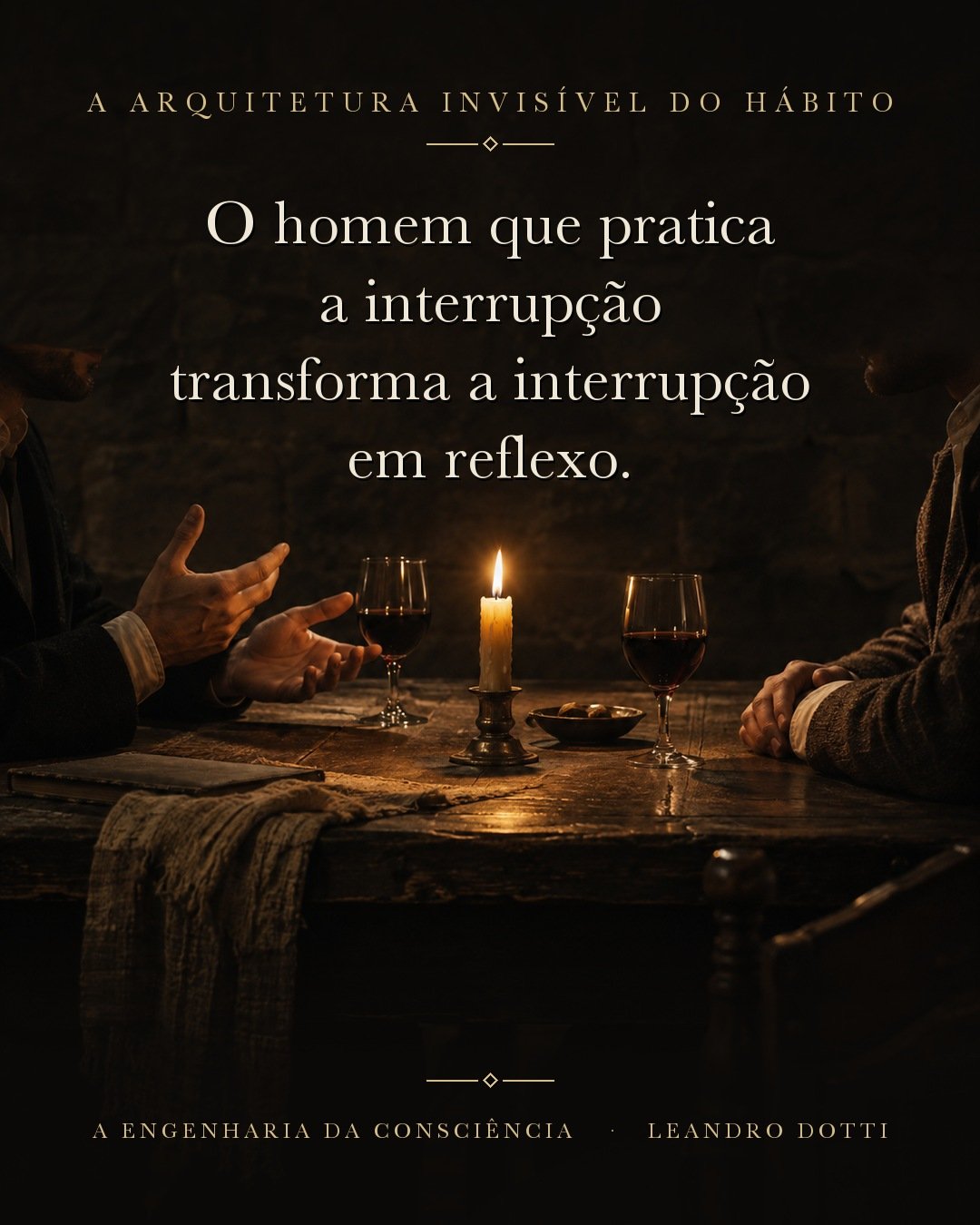 Dois homens frente a frente numa mesa de jantar à luz de vela, rostos fora do quadro; um gesticula enquanto o outro escuta com as mãos quietas sobre a mesa.