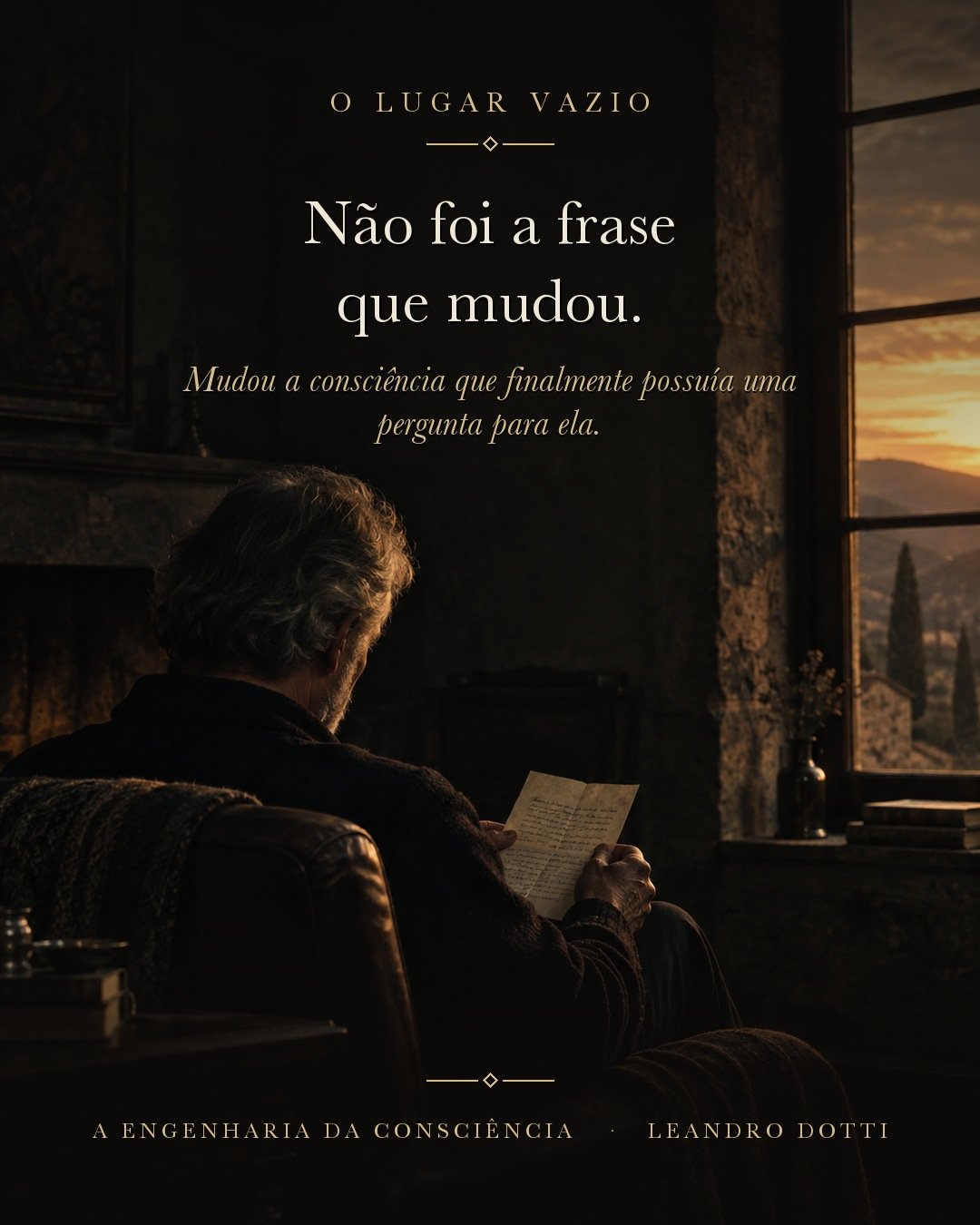 Homem grisalho de costas, sentado junto a uma janela ao entardecer, segurando uma carta antiga escrita à mão sob luz dourada.