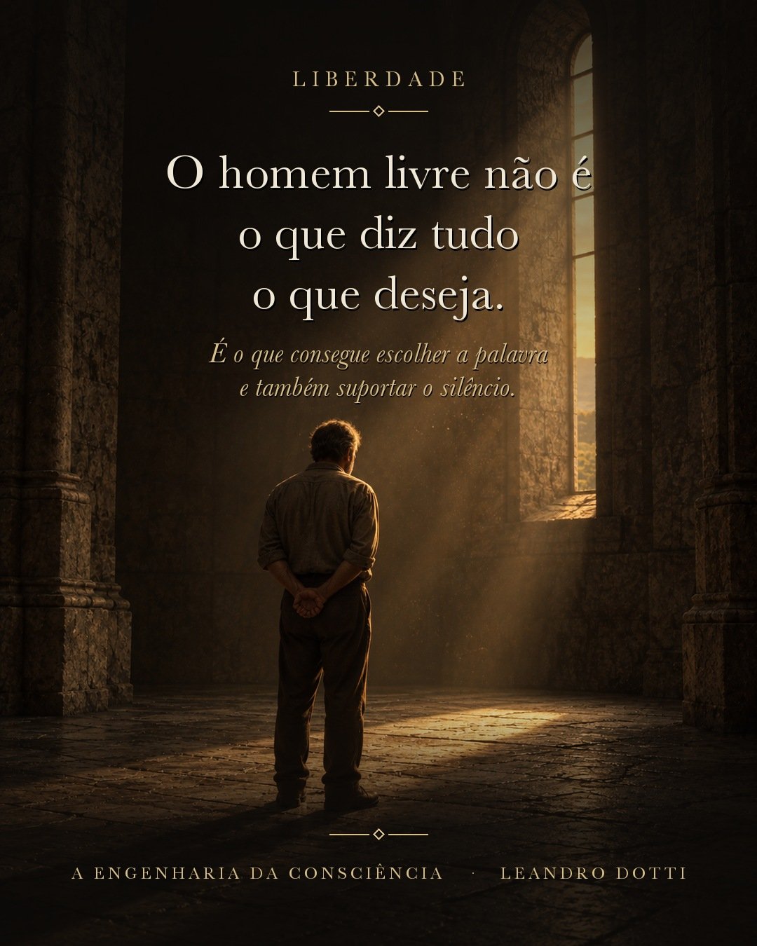 Homem em pé, imóvel, diante de uma janela alta num salão de pedra ao amanhecer, com as mãos para trás, em silêncio.