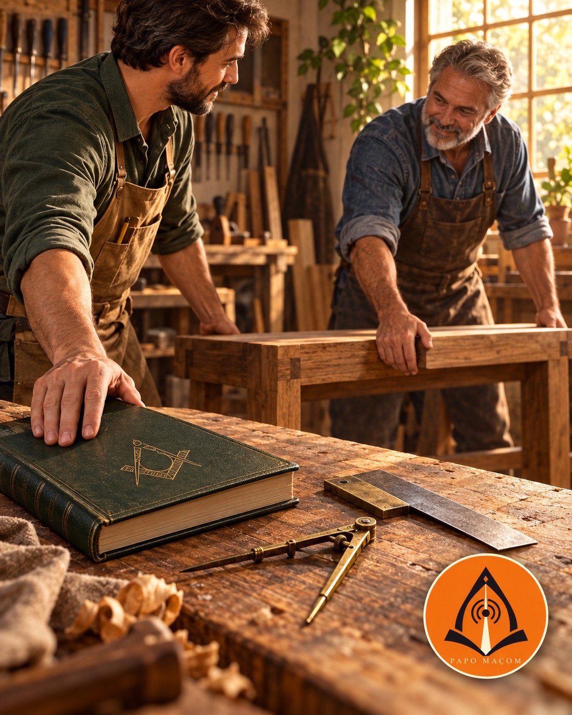 Cena ilustrativa de duas pessoas cooperando em uma oficina, com um livro, esquadro e compasso em primeiro plano e o logo oficial do Papo Maçom.
