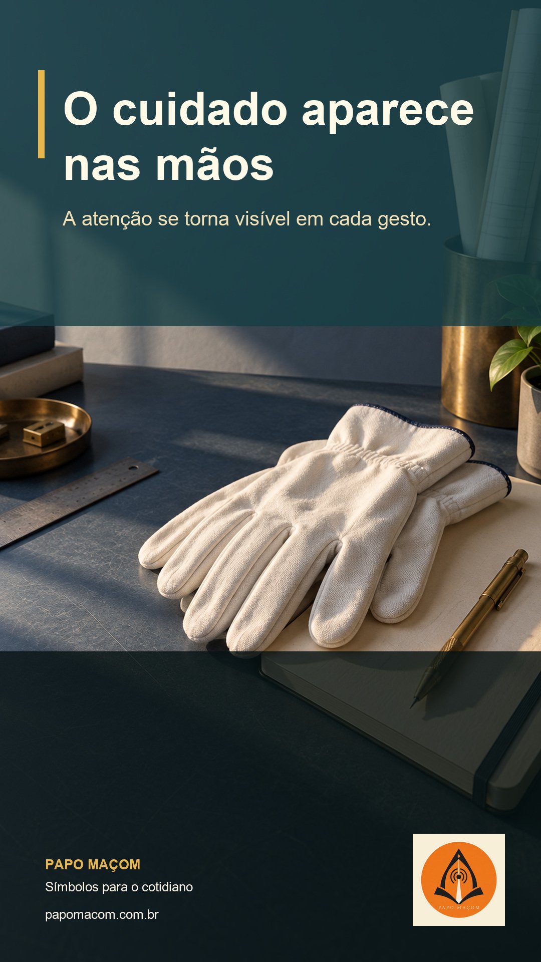 Luvas brancas sobre caderno e lápis numa mesa azul, com o título O cuidado aparece nas mãos e o logotipo oficial do Papo Maçom.