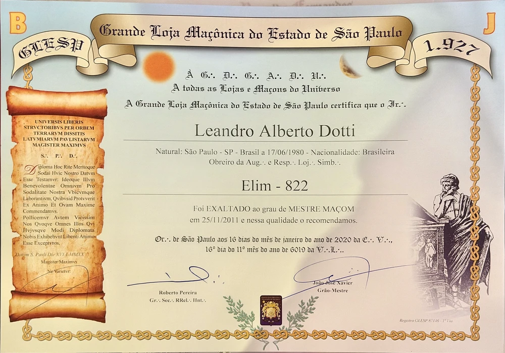 Diploma de Mestre Maçom de Leandro Alberto Dotti emitido pela GLESP