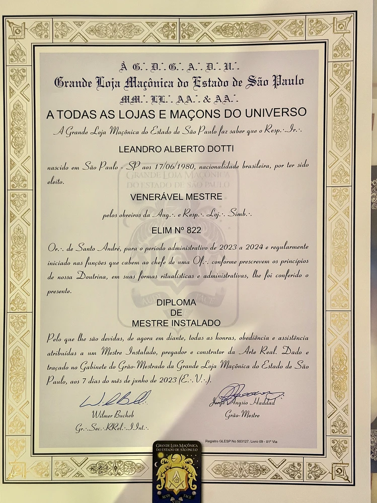 Diploma de Mestre Instalado de Leandro Alberto Dotti emitido pela GLESP