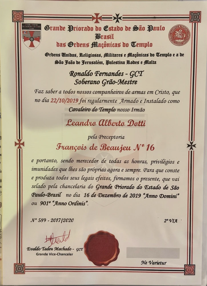 Diploma de Cavaleiro do Templo, de Leandro Alberto Dotti