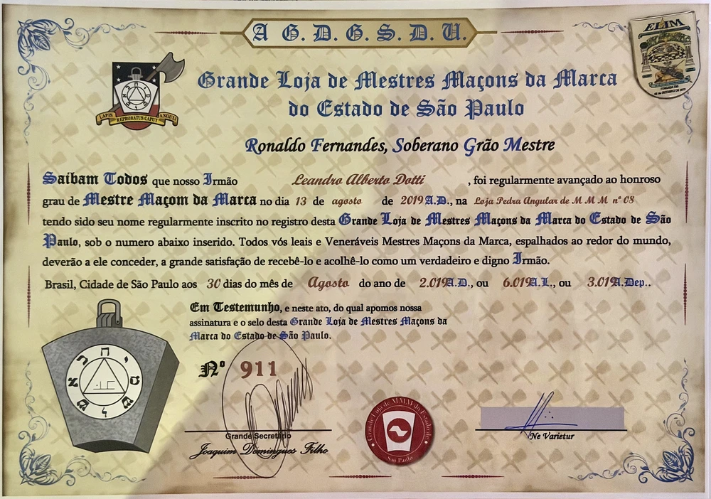 Diploma de Mestre Maçom da Marca, de Leandro Alberto Dotti