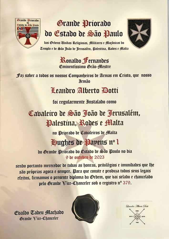 Diploma de Cavaleiro de São João de Jerusalém, Palestina, Rodes e Malta, de Leandro Alberto Dotti
