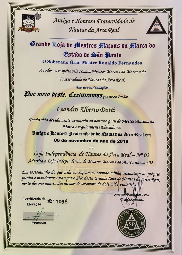 Certificado de Elevação a Nauta da Arca Real, de Leandro Alberto Dotti
